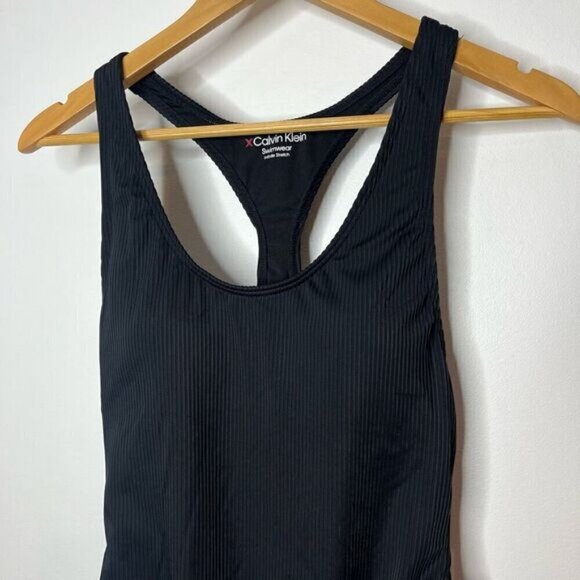 Calvin Klein X Fit Infinite Stretch One Piece Ribbed Black Swimsuit Lined Sporty - Picture 2 of 14